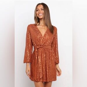 Petal & Pup Sequin Tie Waist Mini Dress Sz 0 – Copper Sparkle Party Dress